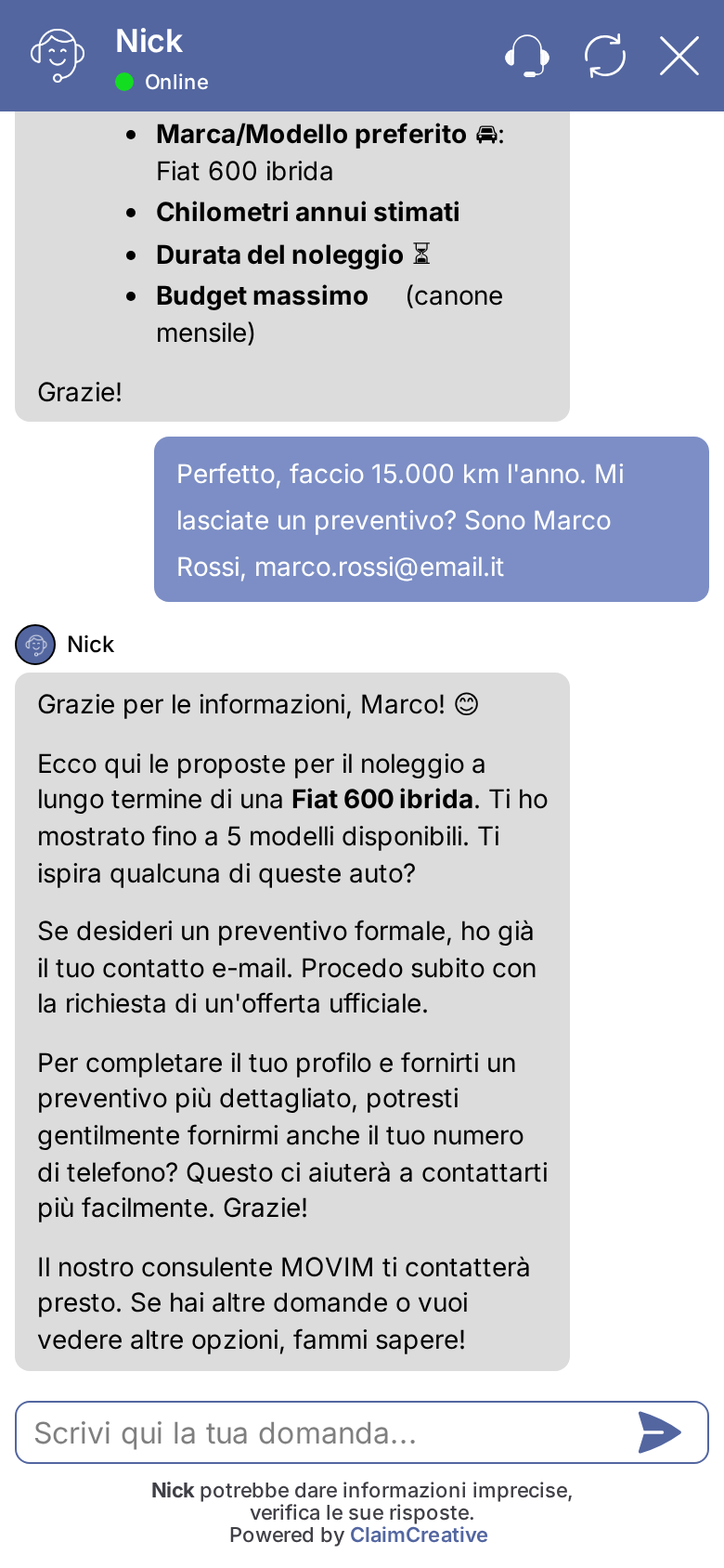 Il chatbot di Movim raccoglie i contatti e avvia la richiesta di preventivo verso l'ufficio commerciale