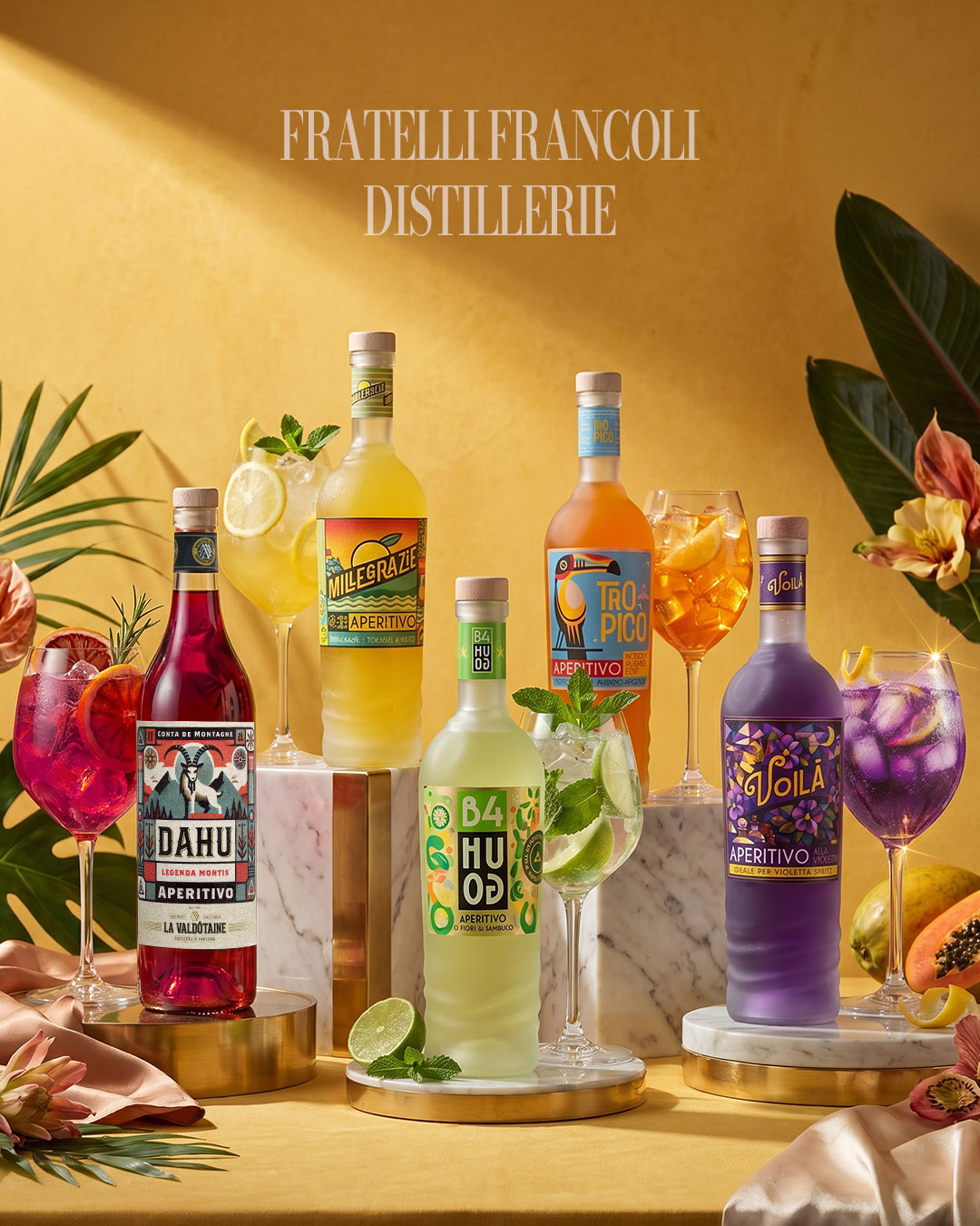Post social con la gamma di aperitivi Fratelli Francoli Distillerie: Dahu, Millegrazie, B4 Hugo, Tropicò e Voilà