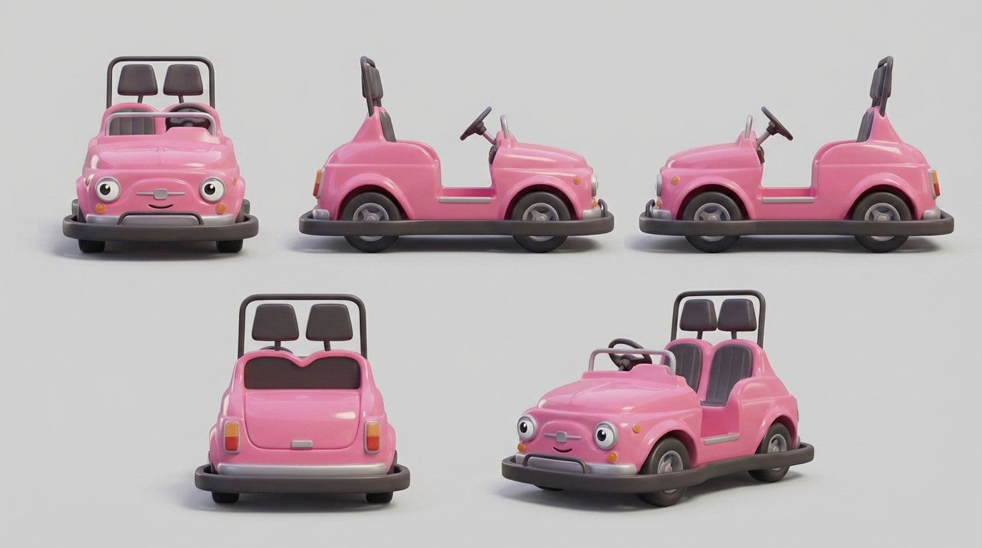 Character sheet del maggiolino rosa: viste frontale, laterali, posteriore e tre quarti