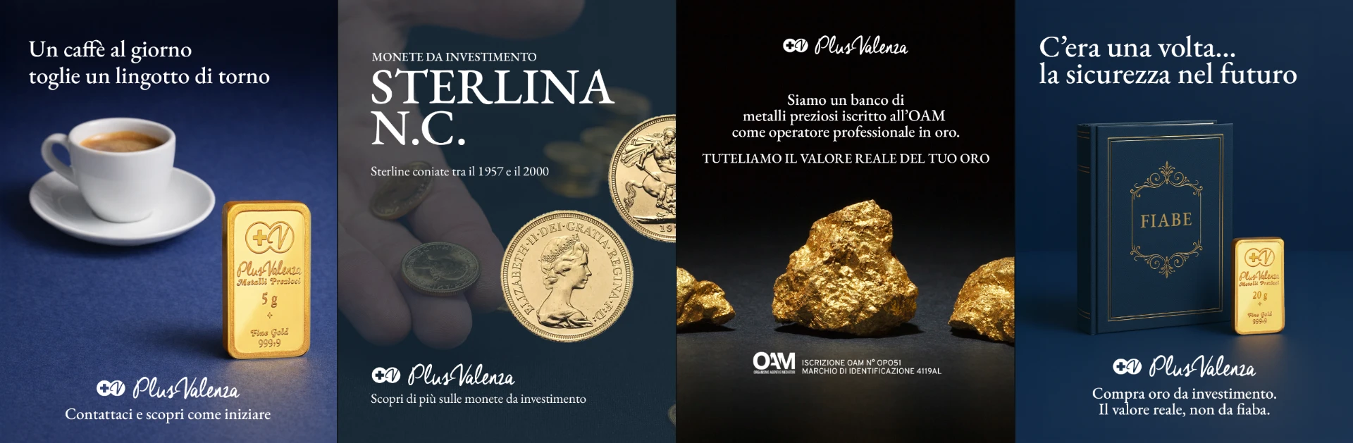 Feed Instagram PlusValenza: lingotti d'oro, monete da investimento e still life su fondo blu notte
