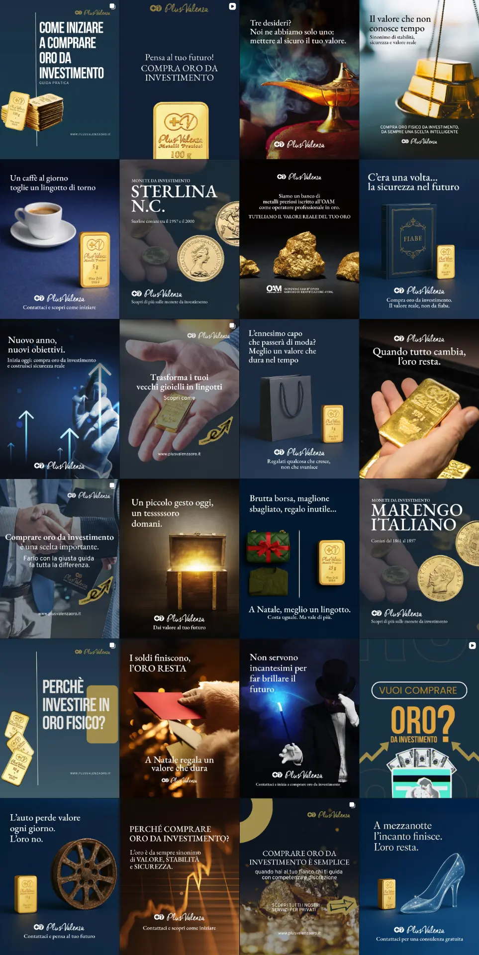 Feed Instagram di PlusValenza Metalli Preziosi: lingotti, monete da investimento e still life emozionali su fondo blu