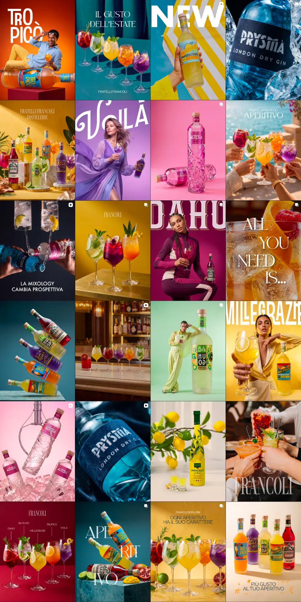 Feed Instagram di Fratelli Francoli Distillerie: post prodotto, lifestyle e cocktail