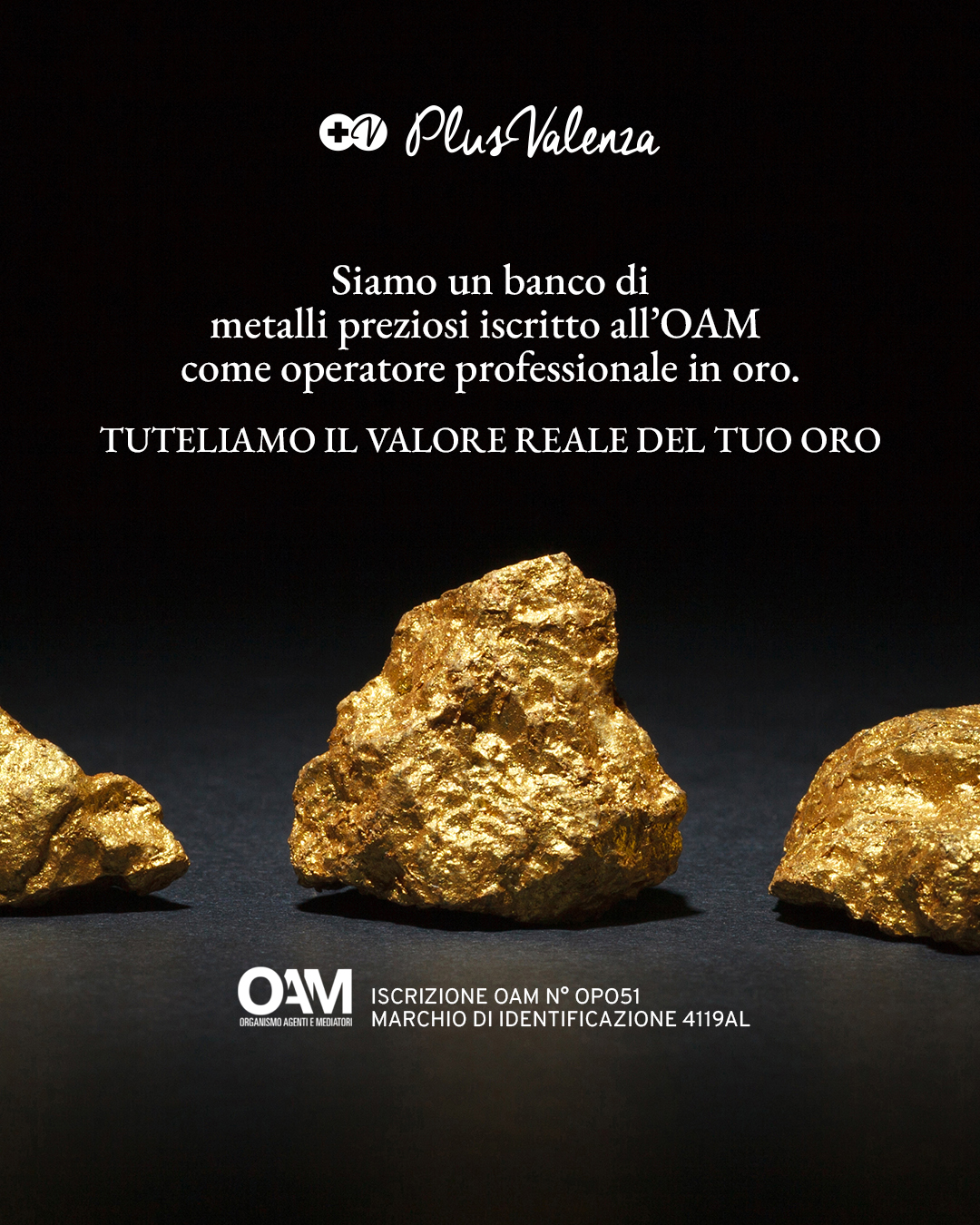Post social PlusValenza: banco di metalli preziosi iscritto OAM con pepite d'oro su fondo nero