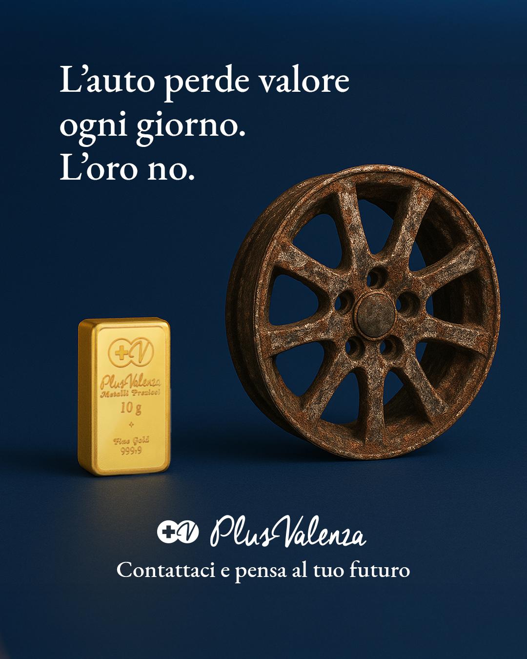 Post PlusValenza: lingotto d'oro accanto a un cerchione ossidato su fondo blu notte