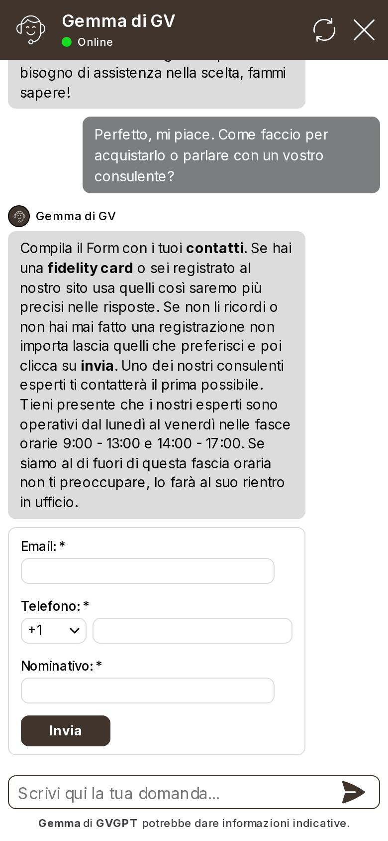 L'assistente raccoglie i contatti del cliente e passa la richiesta ai consulenti di Gioielli di Valenza
