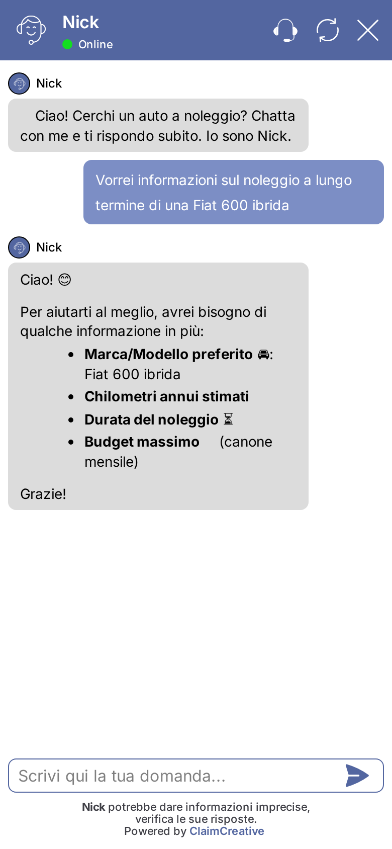 Il chatbot AI di Movim qualifica la richiesta chiedendo modello, chilometri annui, durata e budget del noleggio