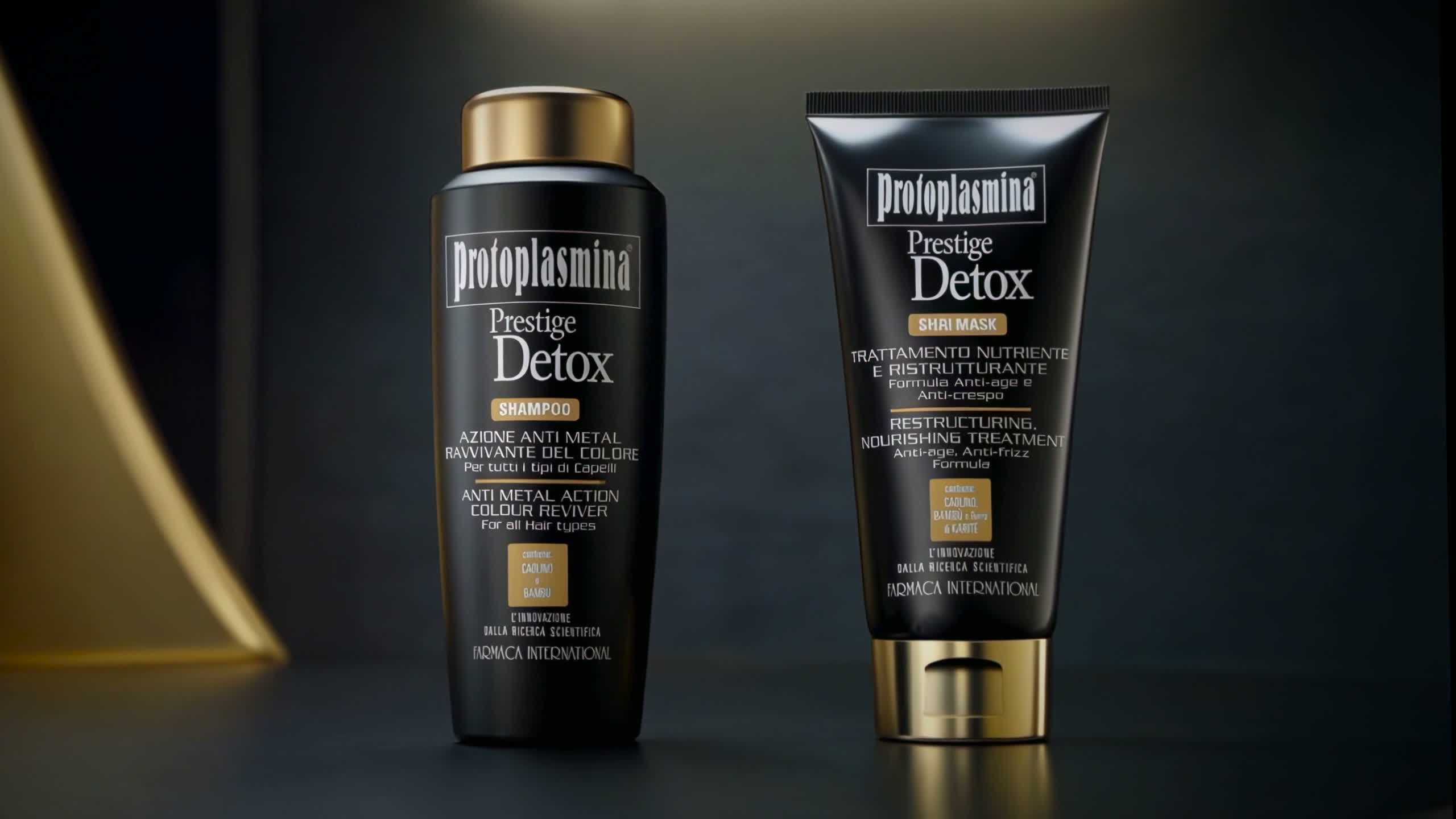 Shampoo e maschera Protoplasmina Prestige Detox nel frame finale del video