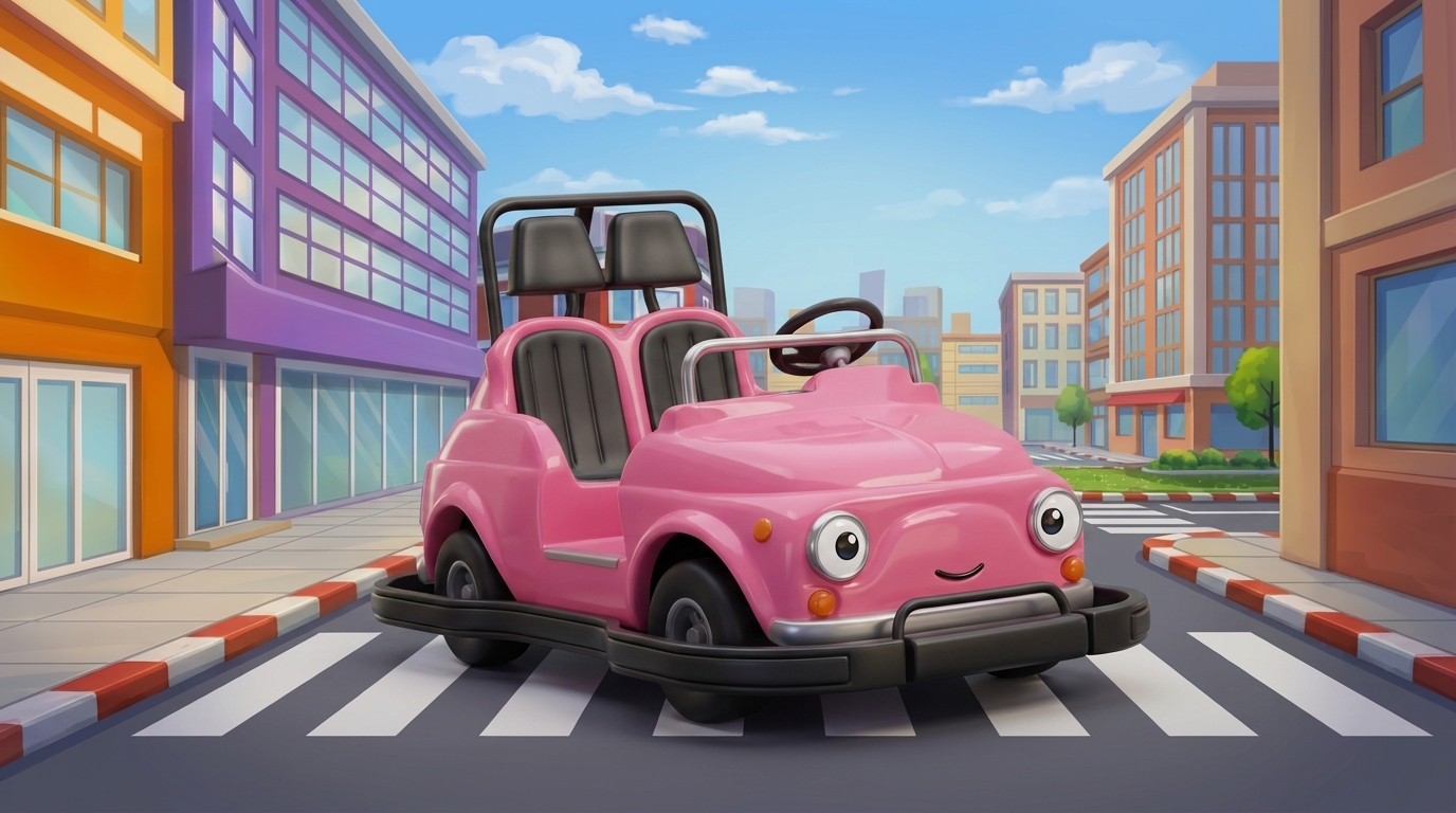 Il maggiolino rosa sulle strisce pedonali nella città in miniatura