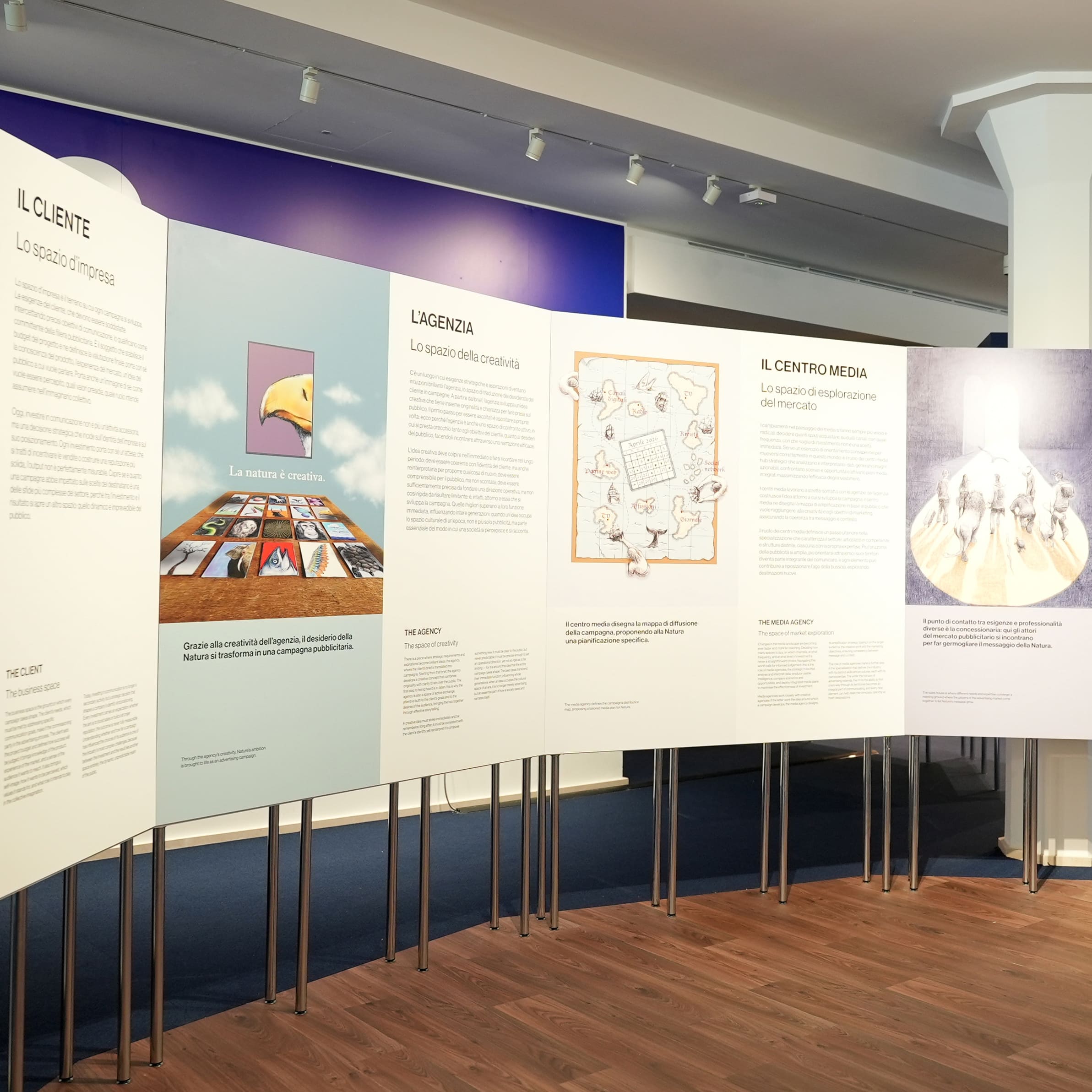 Allestimento della mostra Nello spazio di un secolo per i 100 anni di RAI Pubblicità a Milano
