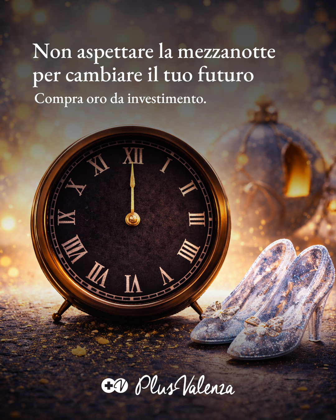 Post social PlusValenza: orologio dorato e scarpetta di cristallo, oro da investimento e futuro