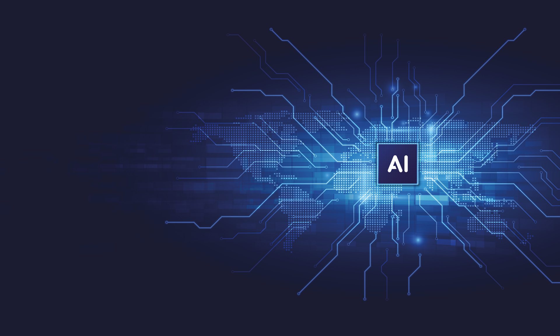 Chip AI collegato a una mappa del mondo con circuiti luminosi, a rappresentare l'integrazione con i sistemi aziendali