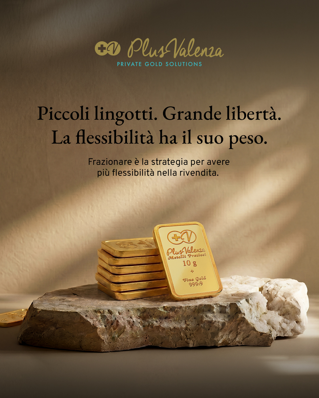 Lingotti d'oro frazionati da 10 grammi Fine Gold 999.9 di Plusvalenza Oro, compro oro a Valenza in Italia