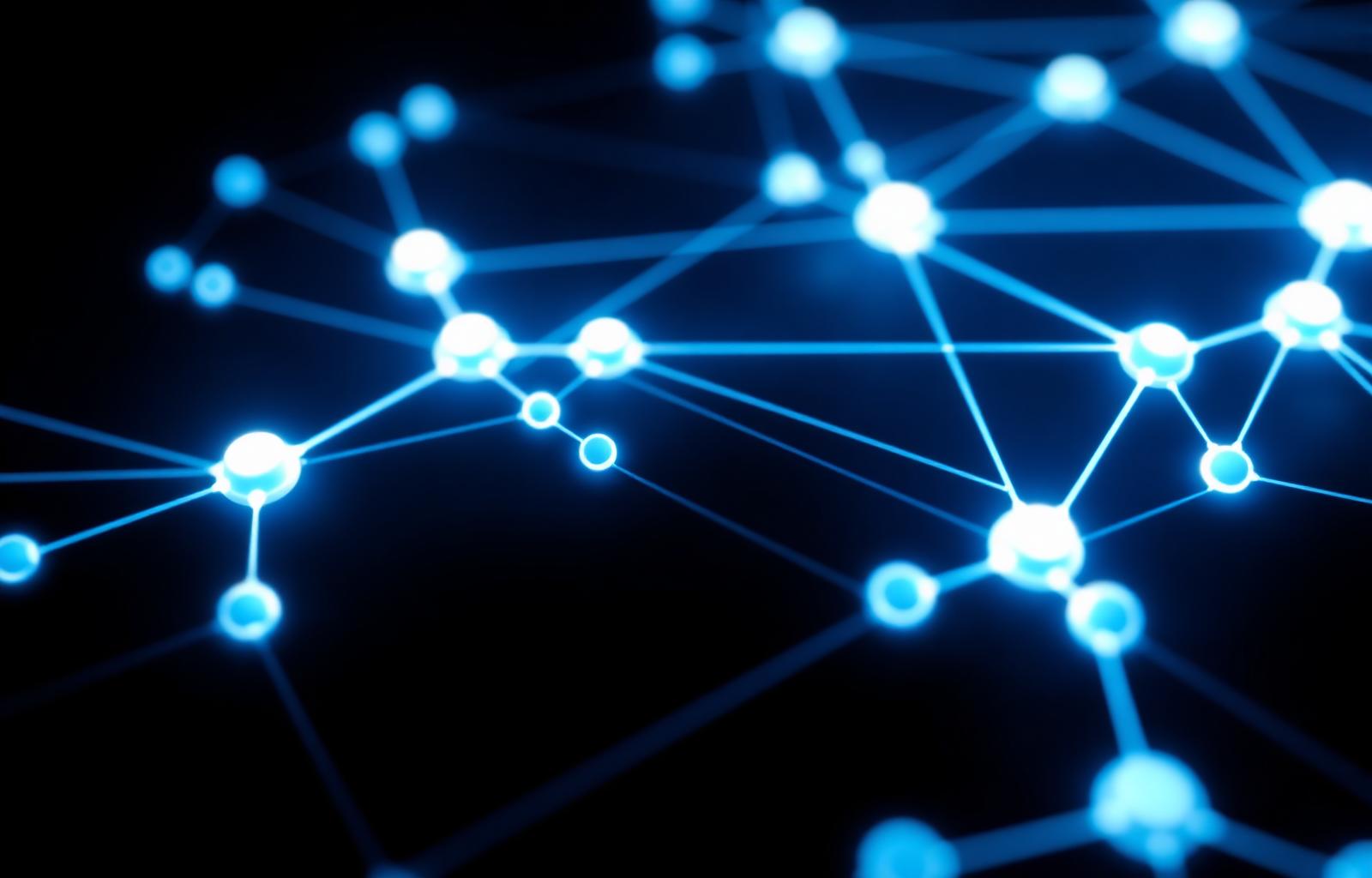 Rete di nodi luminosi powder blue interconnessi che rappresenta agenti AI collaborativi