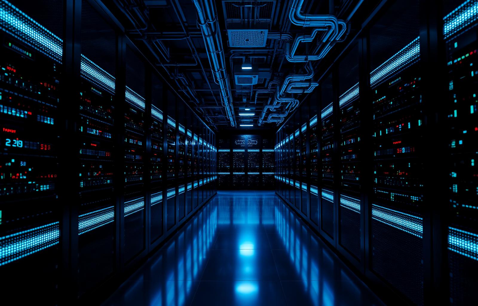 Sala server europea con luci powder blue, architettura data center sicura